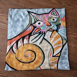 Hand Embroidered Cat Throw Pillow Silk